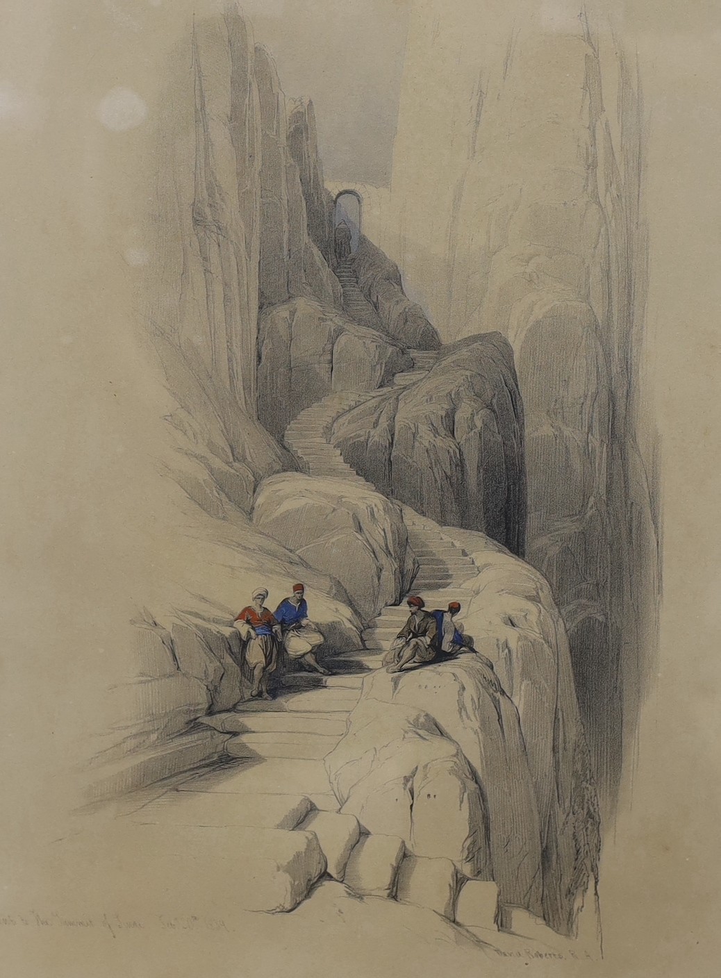 David Roberts (1796-1864), set of three hand-coloured lithographs: 'The Ascent of the Summit of Sinai', dated 1839, plate 10, 'The Rocks of Moses', 1839, plate 17, and 'Temple of El Knasne Petra', 1839, plate 26, largest